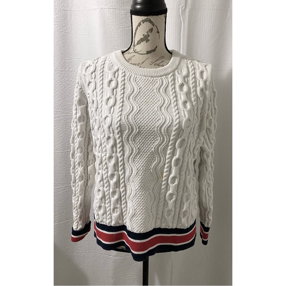 Banana Republic Sweaters - Banana Republic White Sweater with Red, White, and Blue Striped Trim